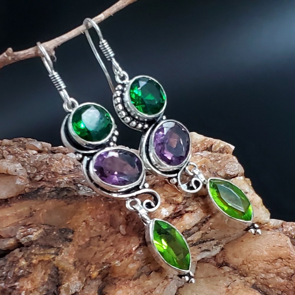 Earrings Silver Chrome Diopside Stone